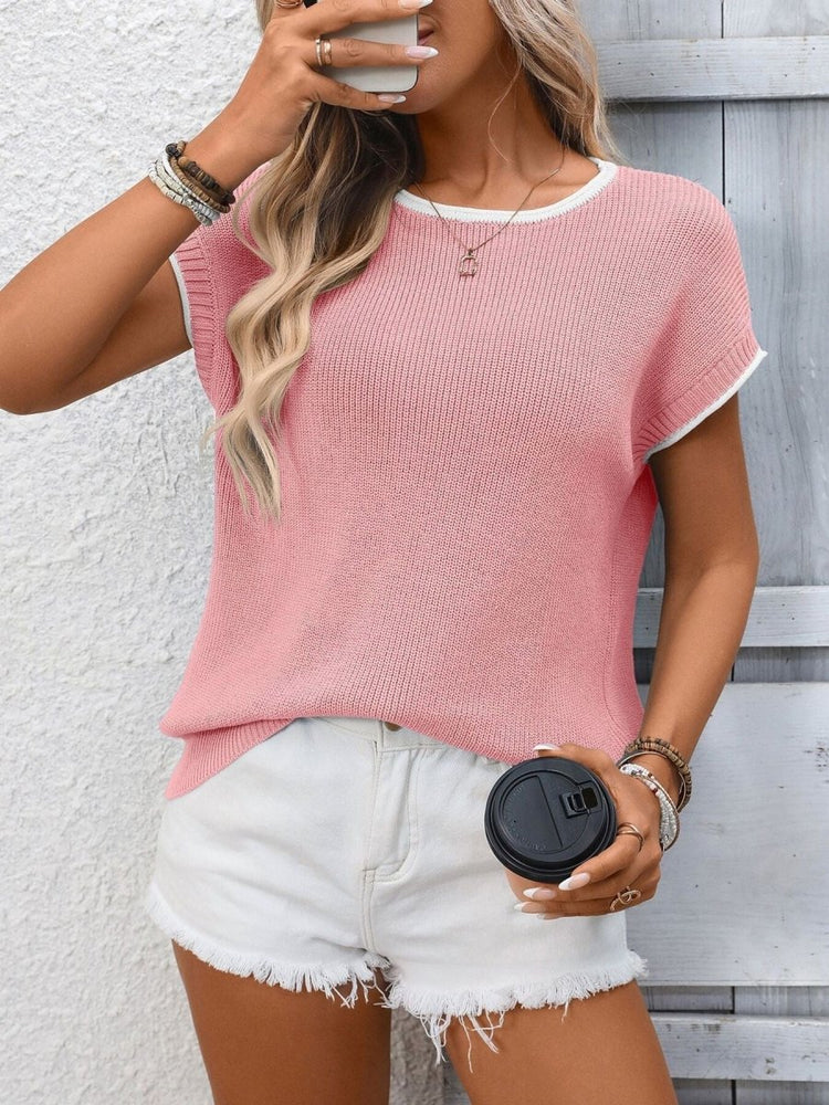 Women's Contrast Trim Short Sleeve Ribbed Sweater Top | S–XL - Allen Fitness | Running Shoes, Leggings & Activewear UK