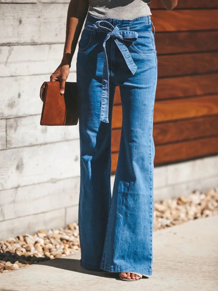 Women's High-Waisted Tie-Front Bow Flare Jeans | Slightly Stretchy | S–2XL