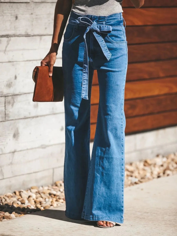 Women's High-Waisted Tie-Front Bow Flare Jeans | Slightly Stretchy | S–2XL