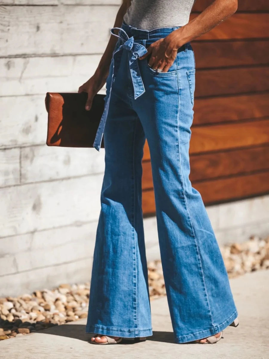 Women's High-Waisted Tie-Front Bow Flare Jeans | Slightly Stretchy | S–2XL