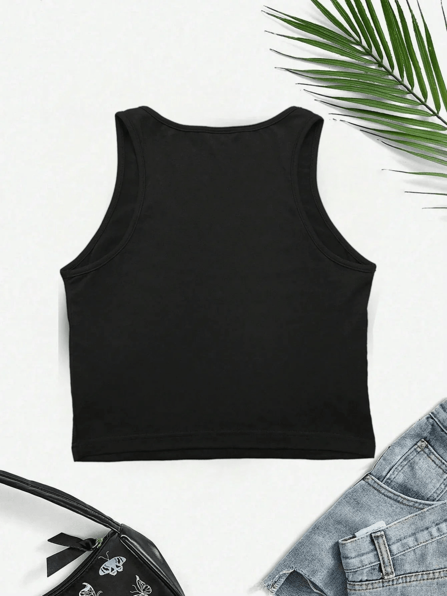 Women's Jamaica Graphic Print Crop Tank Top Black Sleeveless Stretchy Polyester Blend Casual Top - Allen-Fitness