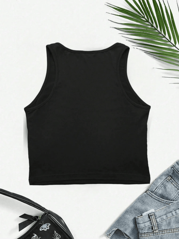 Women's Jamaica Graphic Print Crop Tank Top Black Sleeveless Stretchy Polyester Blend Casual Top