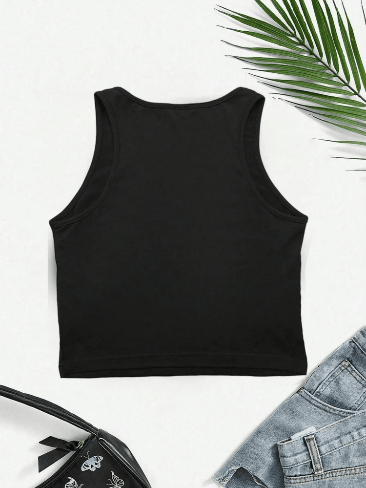 Women's Jamaica Graphic Print Crop Tank Top Black Sleeveless Stretchy Polyester Blend Casual Top - Allen-Fitness