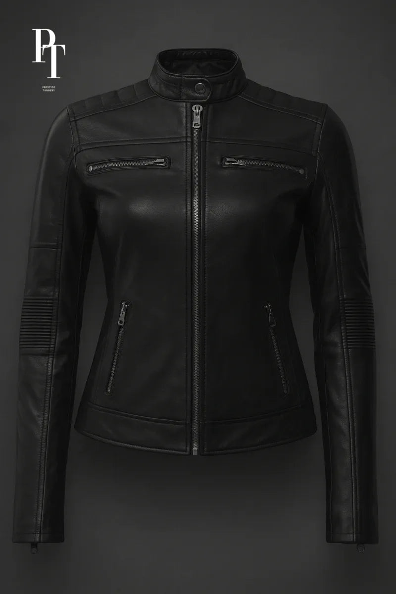 Women's Leather Motorcycle Jacket - Stylish Fitted Design, Durable Sheep Leather, Protective Padding - Allen-Fitness