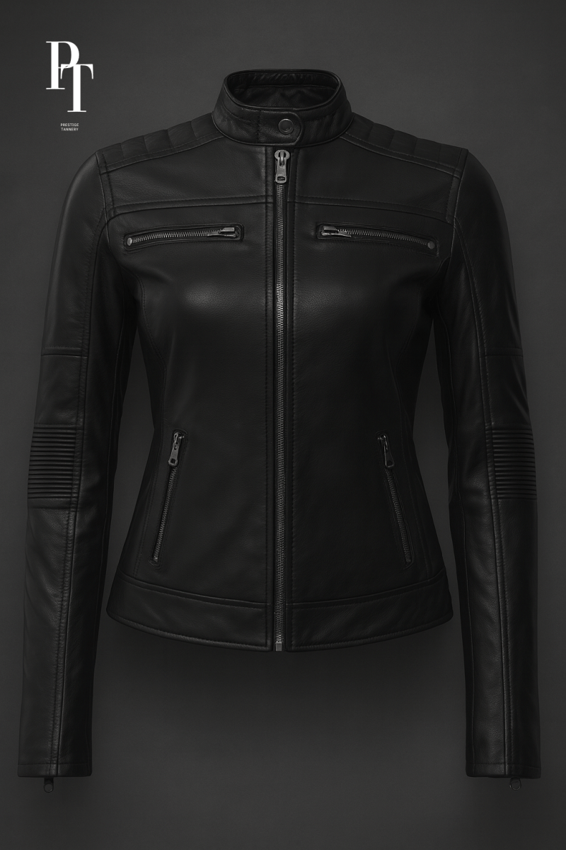 Women's Leather Motorcycle Jacket - Stylish Fitted Design, Durable Sheep Leather, Protective Padding - Allen - Fitness