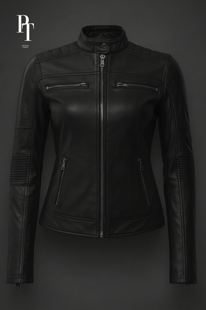 Women's Leather Motorcycle Jacket - Stylish Fitted Design, Durable Sheep Leather, Protective Padding - Allen - Fitness