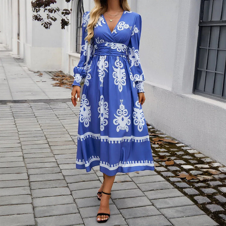 Women's Long Sleeve Dress 3D Effect Printing Mid-Length Skirt - White/Blue/Black/Army Green - Sizes S-2XL - Allen-Fitness