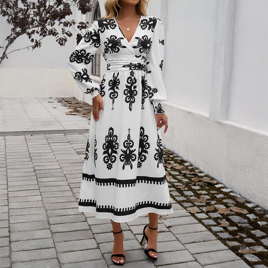 Women's Long Sleeve Dress 3D Effect Printing Mid-Length Skirt - White/Blue/Black/Army Green - Sizes S-2XL.