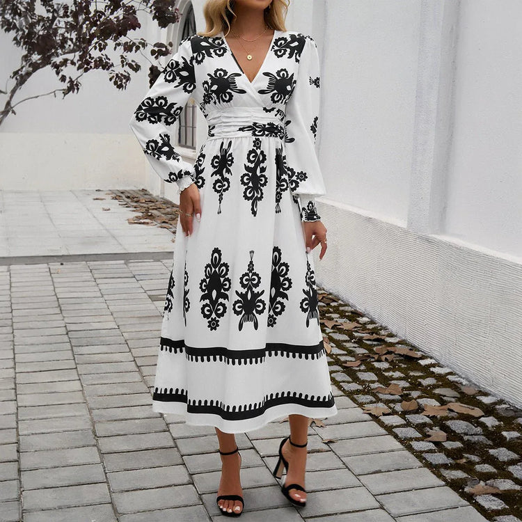 Women's Long Sleeve Dress 3D Effect Printing Mid-Length Skirt - White/Blue/Black/Army Green - Sizes S-2XL - Allen-Fitness