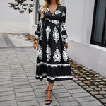 Women's Long Sleeve Dress 3D Effect Printing Mid-Length Skirt - White/Blue/Black/Army Green - Sizes S-2XL - Allen-Fitness