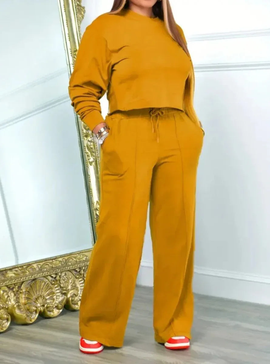 Womens Long Sleeve Sweater Set With Elastic Waist Pants, Casual Two-Piece Suit In Multiple Colors - Allen-Fitness