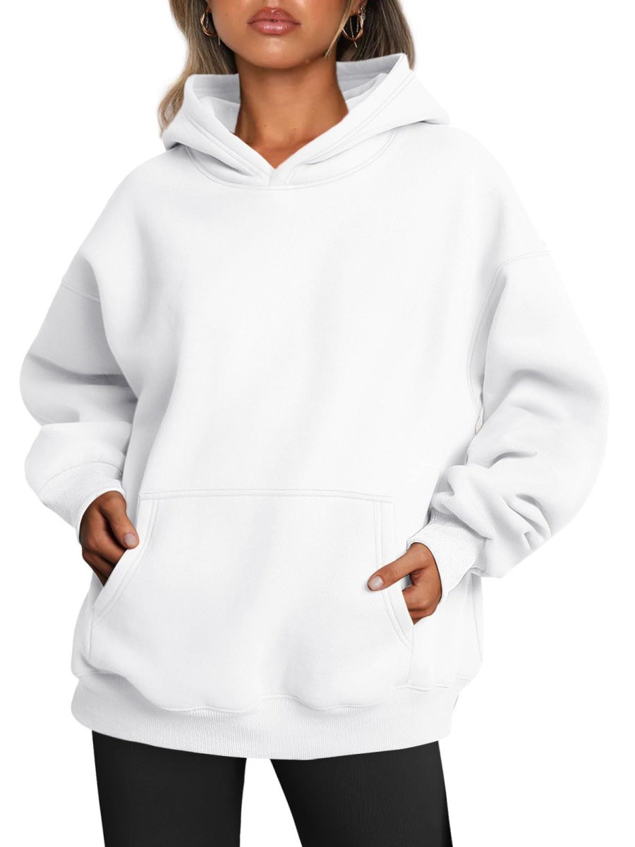 White hoodie worn by a person on a white background