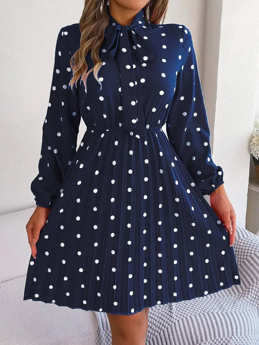 Women’s Polka Dot Pleated Dress – Self-Tie Waist &amp; Long Sleeves - Allen-Fitness