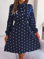 Women’s Polka Dot Pleated Dress – Self-Tie Waist & Long Sleeves - Allen-Fitness