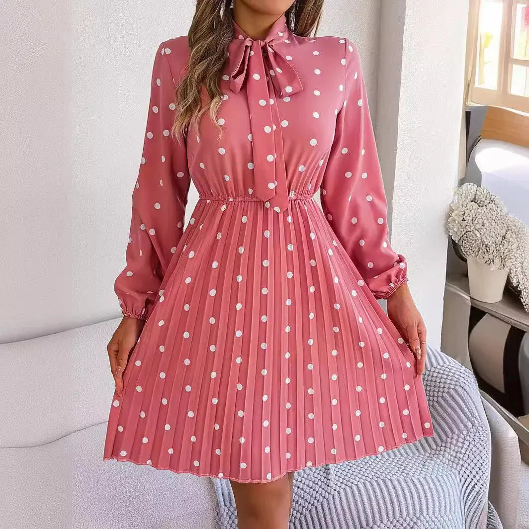 Women’s Polka Dot Pleated Dress – Self-Tie Waist & Long Sleeves - Allen-Fitness