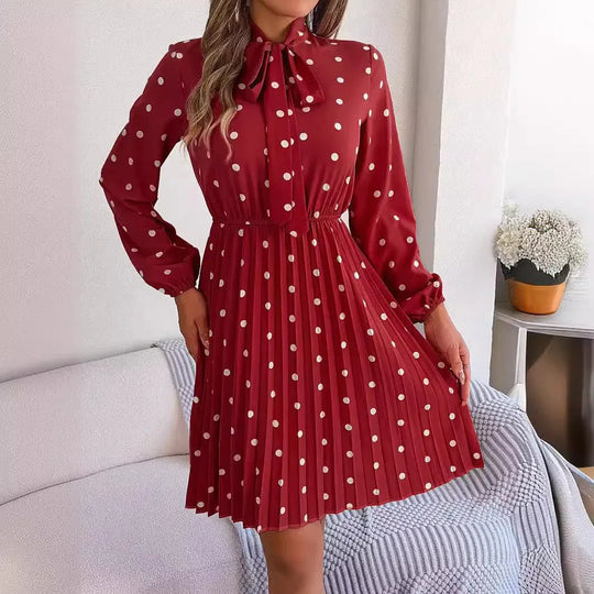 Women’s Polka Dot Pleated Dress – Self-Tie Waist &amp; Long Sleeves - Allen-Fitness
