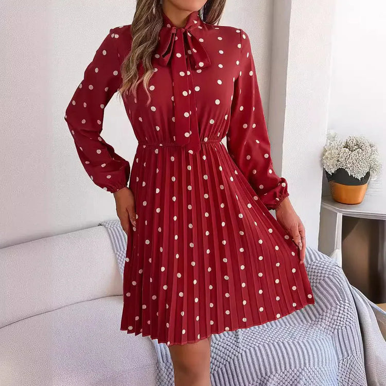 Women’s Polka Dot Pleated Dress – Self-Tie Waist & Long Sleeves - Allen-Fitness