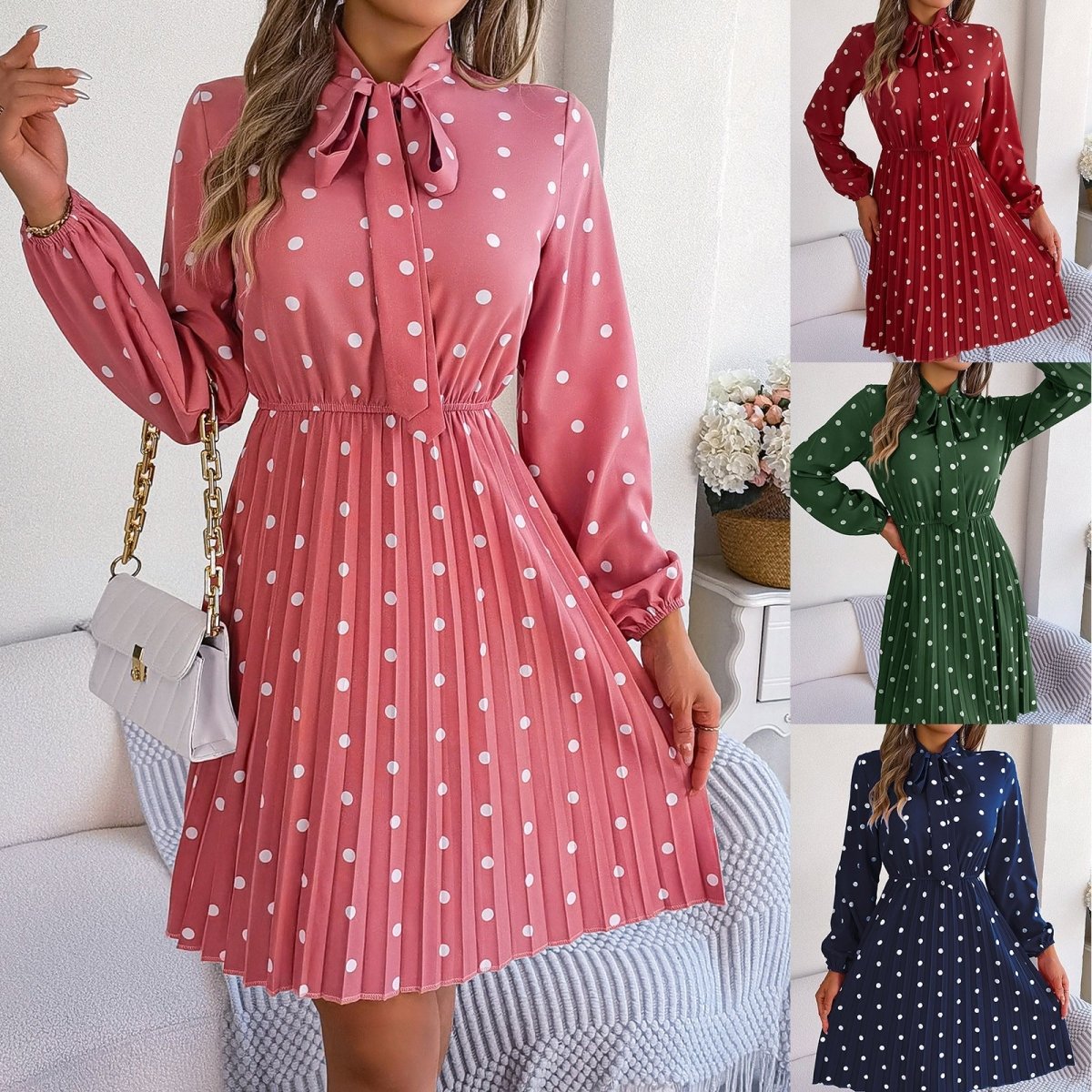 Women’s Polka Dot Pleated Dress – Self - Tie Waist & Long Sleeves - Allen - Fitness