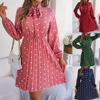 Women’s Polka Dot Pleated Dress – Self - Tie Waist & Long Sleeves - Allen - Fitness