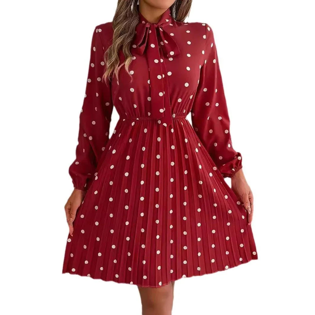 Women’s Polka Dot Pleated Dress – Self-Tie Waist &amp; Long Sleeves - Allen-Fitness