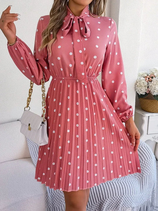 Women’s Polka Dot Pleated Dress – Self-Tie Waist &amp; Long Sleeves - Allen-Fitness