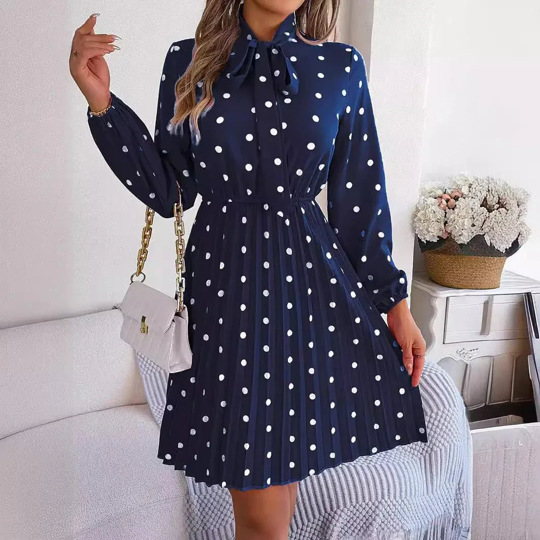 Women’s Polka Dot Pleated Dress – Self-Tie Waist &amp; Long Sleeves - Allen-Fitness