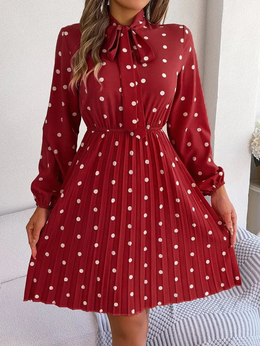 Women’s Polka Dot Pleated Dress – Self-Tie Waist &amp; Long Sleeves - Allen-Fitness