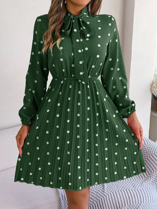 Women’s Polka Dot Pleated Dress – Self-Tie Waist &amp; Long Sleeves - Allen-Fitness