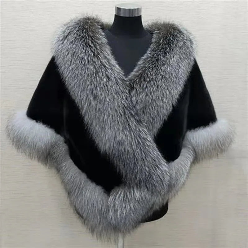Women's Sleeveless Shawl Imitation Mink Fur Cape Coat Plus Size in White, Black, Wine Red, Gray Black - Allen-Fitness