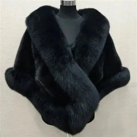 Women's Sleeveless Shawl Imitation Mink Fur Cape Coat Plus Size in White, Black, Wine Red, Gray Black - Allen-Fitness
