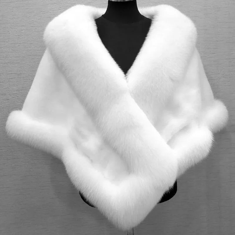 Women's Sleeveless Shawl Imitation Mink Fur Cape Coat Plus Size in White, Black, Wine Red, Gray Black - Allen-Fitness