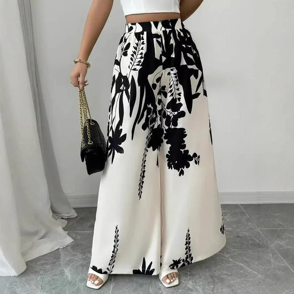 Women's Printed Straight-Leg Trousers | Lace-Up Waist | Black & White | S–XXXL