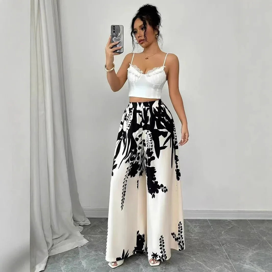Women’s Summer Fashion Casual Printed Pants – Lace-up Waist Slim Fit Lightweight Style - Allen-Fitness
