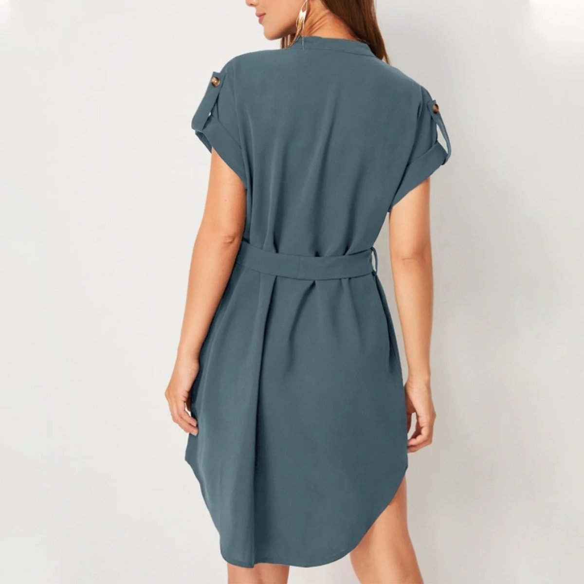 Women’s V - Neck Short Sleeve Belted Dress – Summer Bowknot Fashion - Allen - Fitness