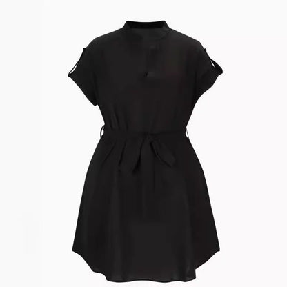 Women’s V - Neck Short Sleeve Belted Dress – Summer Bowknot Fashion - Allen - Fitness
