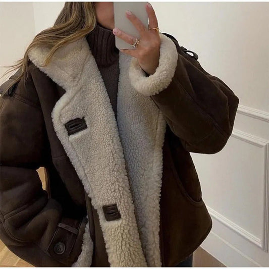Womens Warm Coat - Thickened Lamb Wool, Loose Fit, 9-Quarter Sleeve, Dark & Light Brown Options.