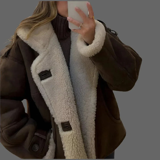 Womens Warm Coat - Thickened Lamb Wool, Loose Fit, 9-Quarter Sleeve, Dark &amp; Light Brown Options - Allen-Fitness