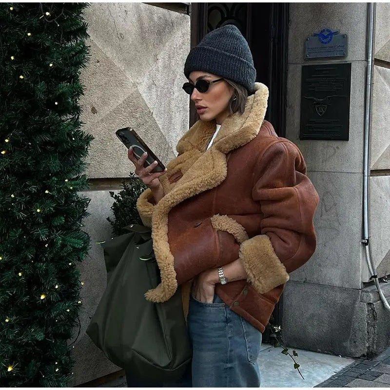 Womens Warm Coat - Thickened Lamb Wool, Loose Fit, 9-Quarter Sleeve, Dark & Light Brown Options - Allen-Fitness