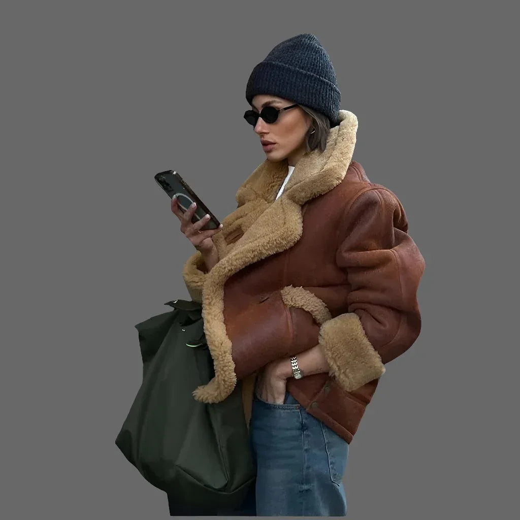 Womens Warm Coat - Thickened Lamb Wool, Loose Fit, 9-Quarter Sleeve, Dark &amp; Light Brown Options - Allen-Fitness