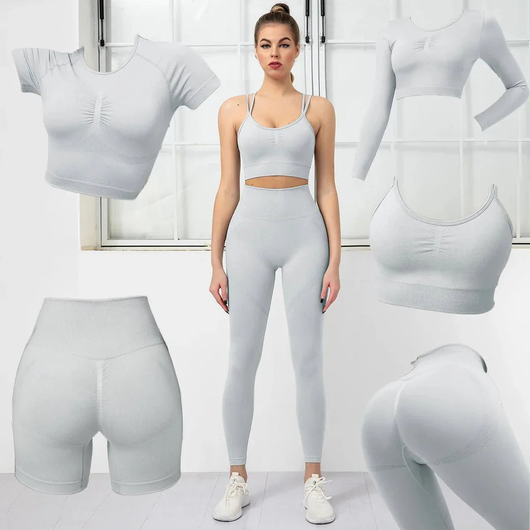 Women's Yoga Set - 5PCS Seamless Strappy Sports Bra, Long Sleeve and Booty Scrunch Leggings - Allen-Fitness