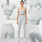 Women's Yoga Set - 5PCS Seamless Strappy Sports Bra, Long Sleeve and Booty Scrunch Leggings - Allen-Fitness
