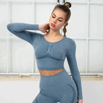 Women's Yoga Set - 5PCS Seamless Strappy Sports Bra, Long Sleeve and Booty Scrunch Leggings - Allen-Fitness