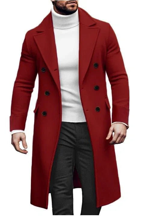Woolen Overcoat For Men - Double-Breasted Thickened Jacket in Army Green, Brick Red, Khaki & Navy Blue