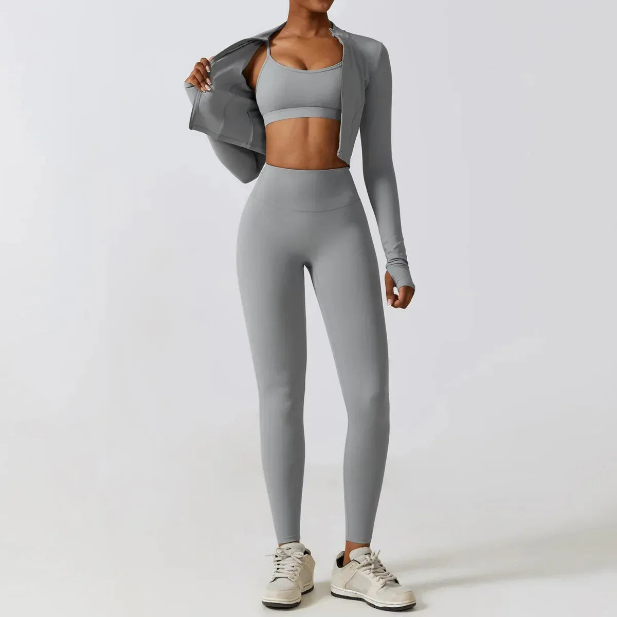Women Workout Sets: Zip-Up Crop Jacket, High Waist Yoga Leggings & Sport Bra - Allen-Fitness