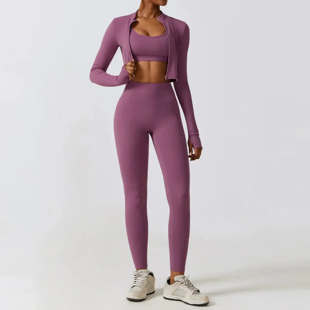 Women Workout Sets: Zip-Up Crop Jacket, High Waist Yoga Leggings &amp; Sport Bra - Allen-Fitness