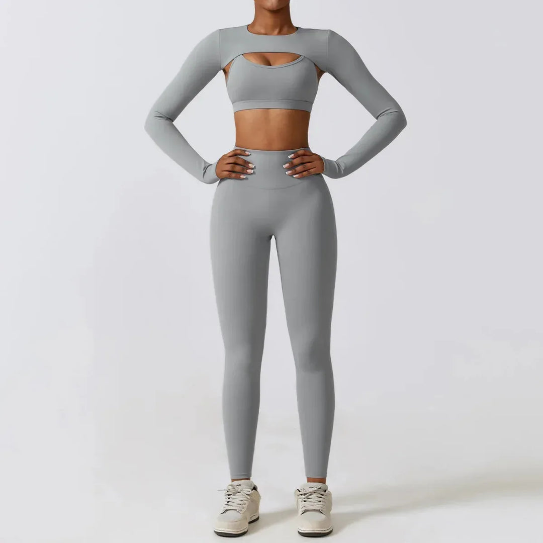 Women Workout Sets: Zip-Up Crop Jacket, High Waist Yoga Leggings &amp; Sport Bra - Allen-Fitness