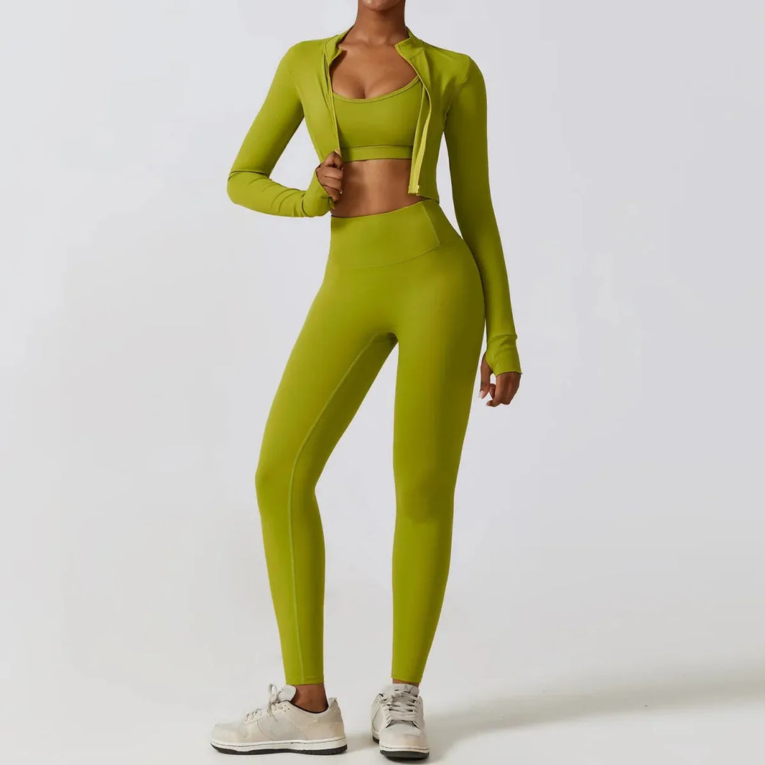 Women Workout Sets: Zip-Up Crop Jacket, High Waist Yoga Leggings & Sport Bra - Allen-Fitness