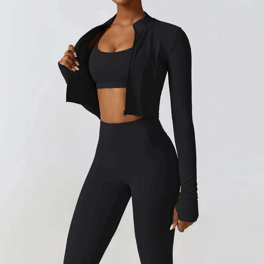 Women Workout Sets: Zip-Up Crop Jacket, High Waist Yoga Leggings &amp; Sport Bra - Allen-Fitness