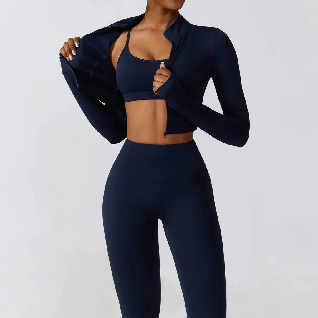 Women Workout Sets: Zip-Up Crop Jacket, High Waist Yoga Leggings &amp; Sport Bra - Allen-Fitness