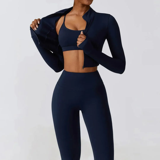 Women Workout Sets: Zip-Up Crop Jacket, High Waist Yoga Leggings &amp; Sport Bra - Allen-Fitness